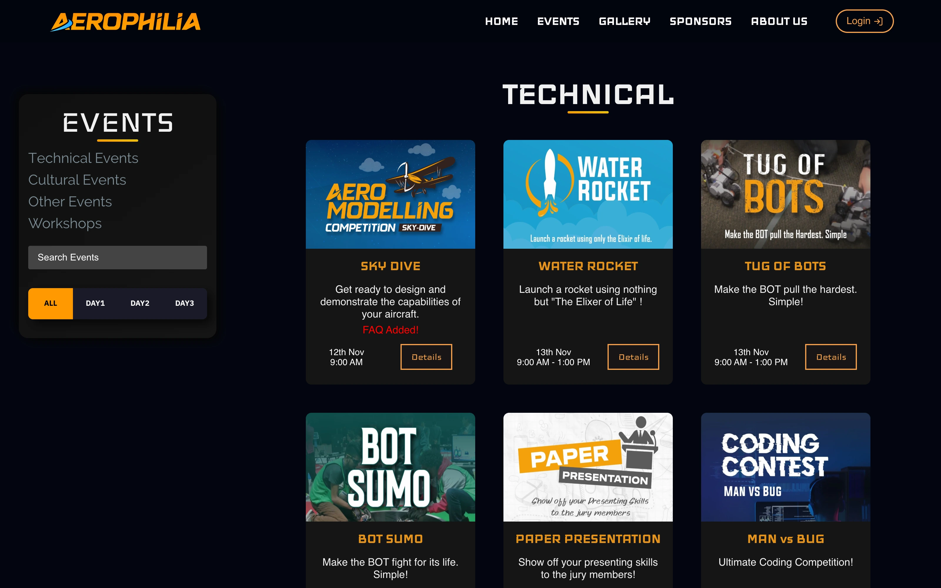 The Aerophilia events page, with technical events listed as cards beside filters for category and festival day