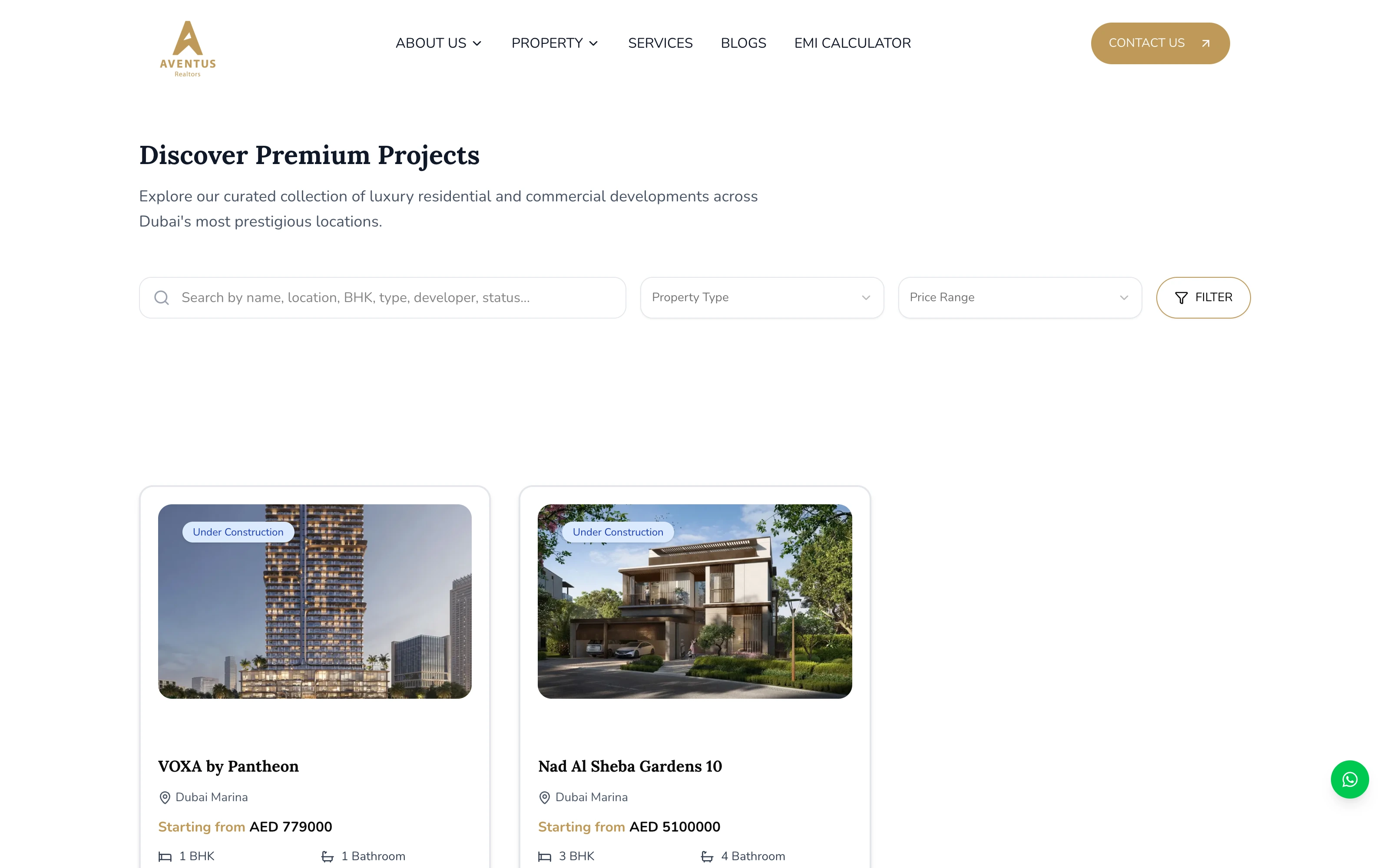 The property listing page, with filters alongside the available developments