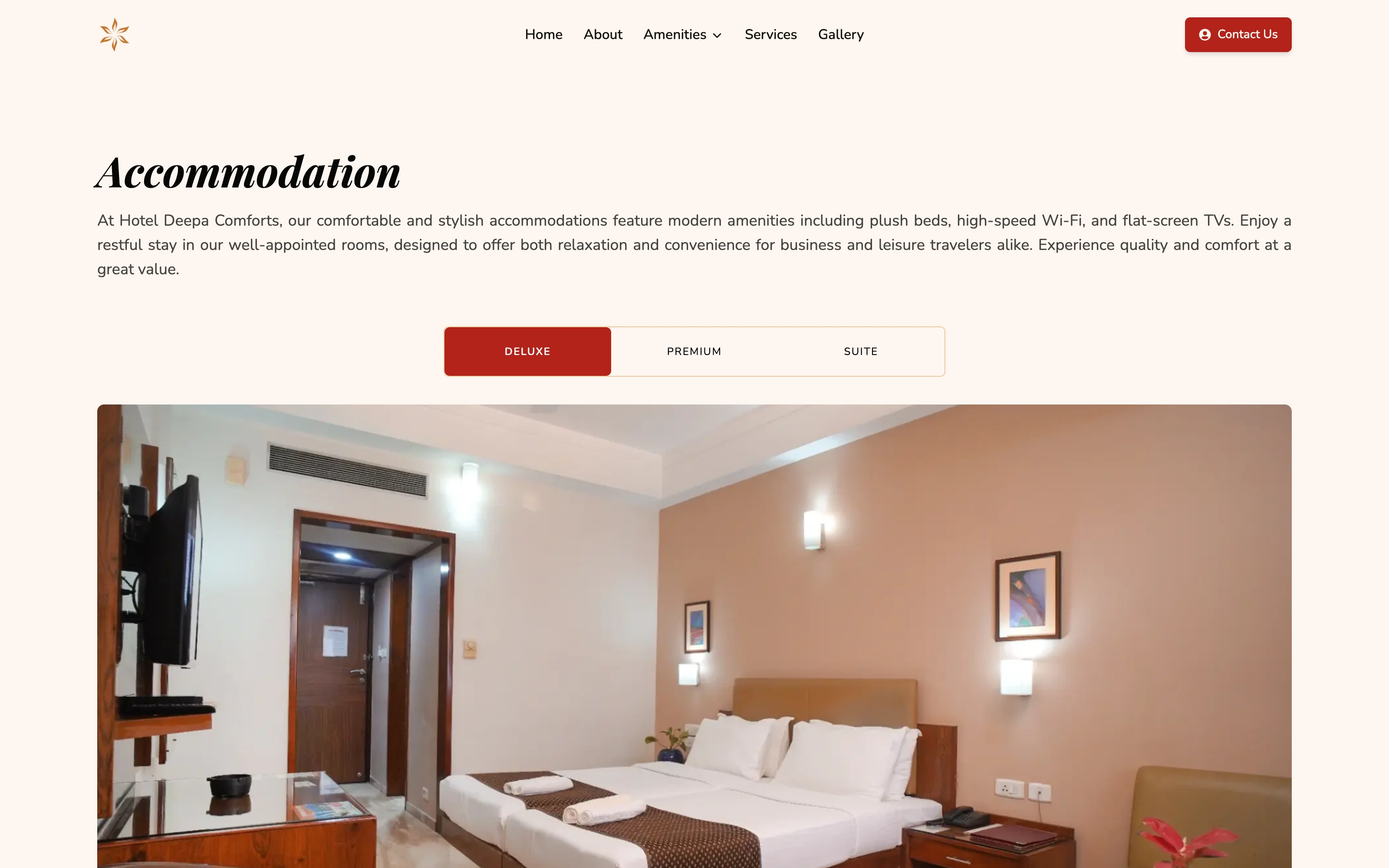 Accommodation page with deluxe, premium and suite selectable in place, showing a room below