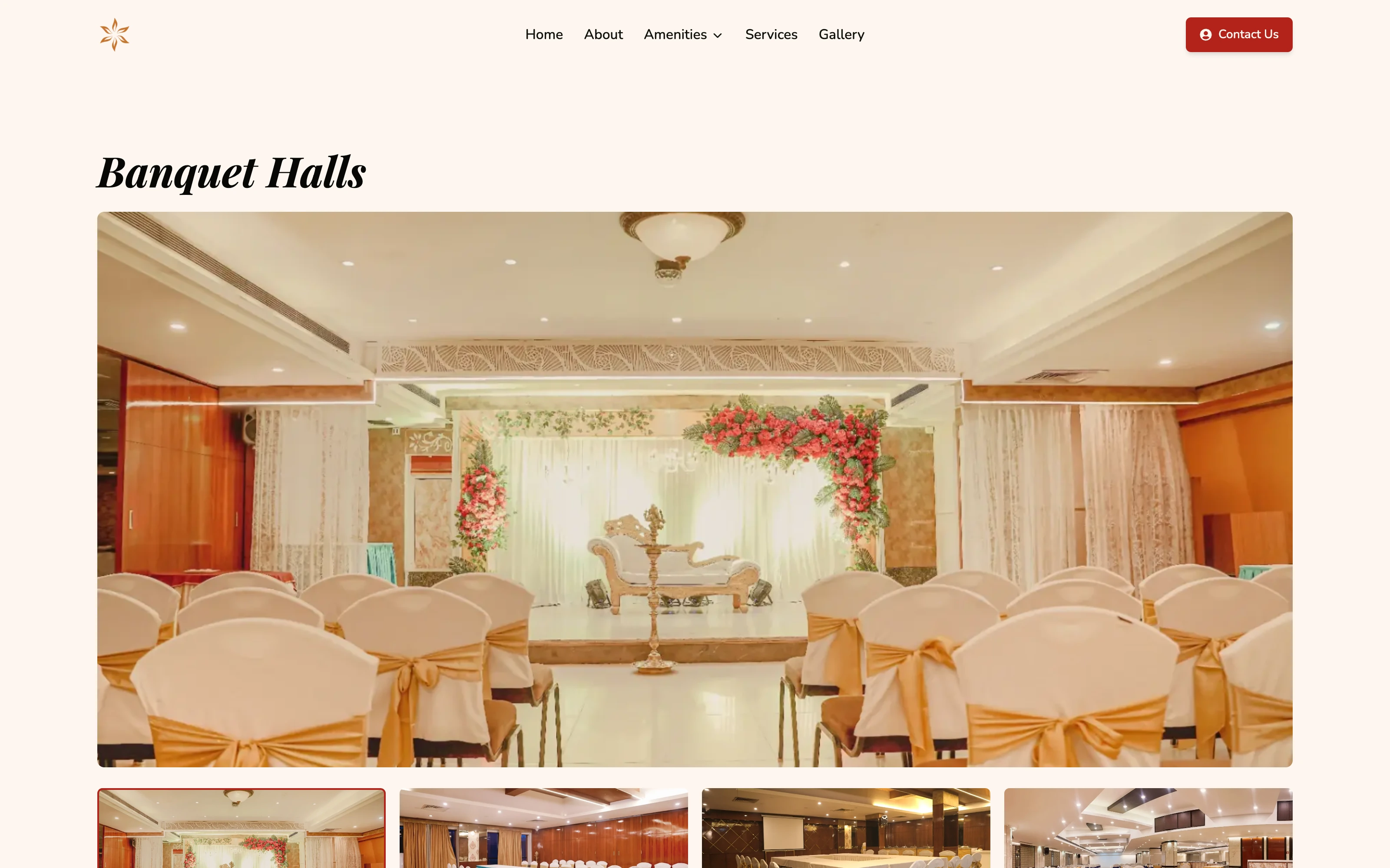 Banquet halls page, with a dressed hall at full width and four more halls as thumbnails beneath