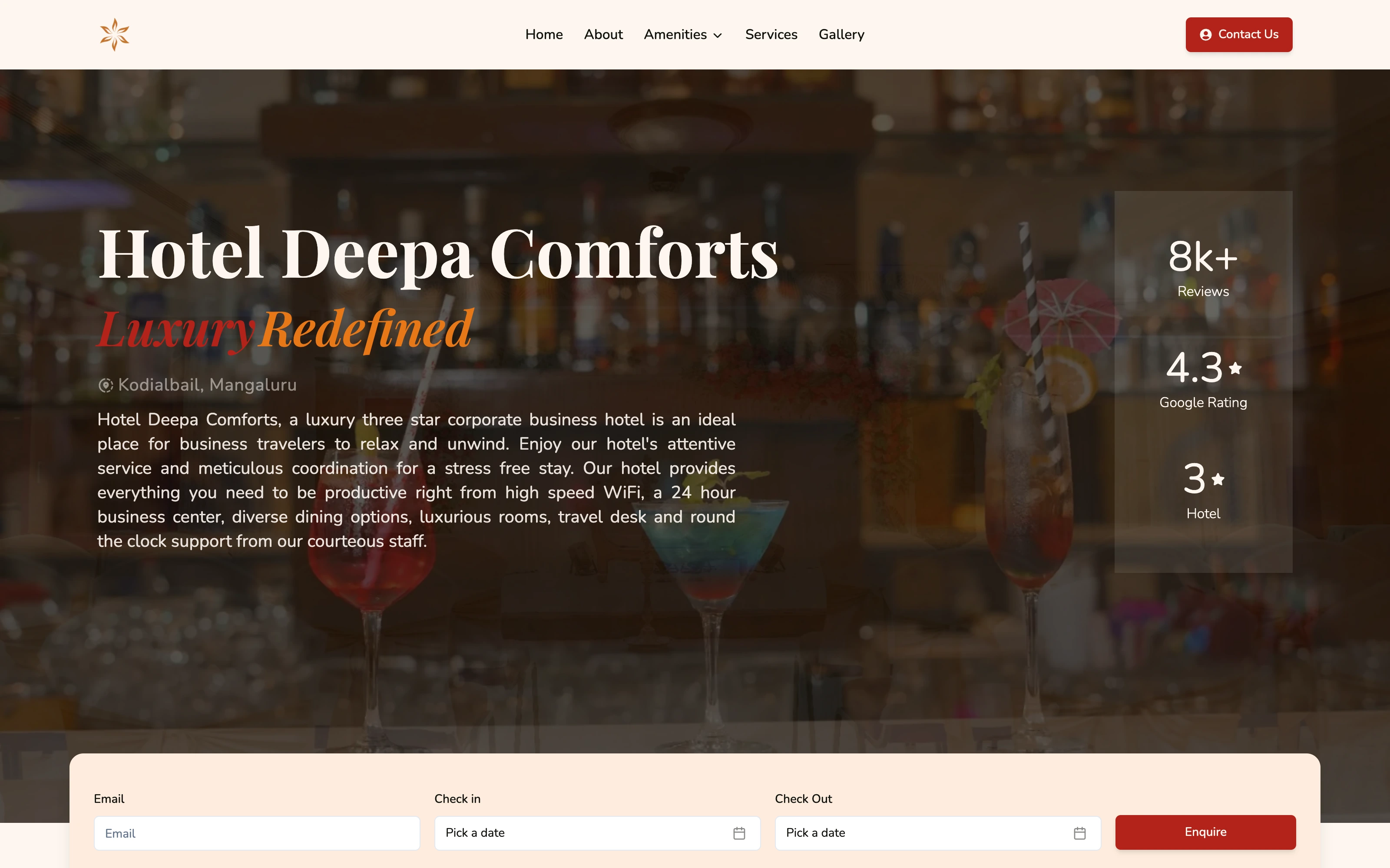 Hotel Deepa Comforts homepage, with the hotel name over a bar scene, its Google rating alongside, and an enquiry bar taking email and dates