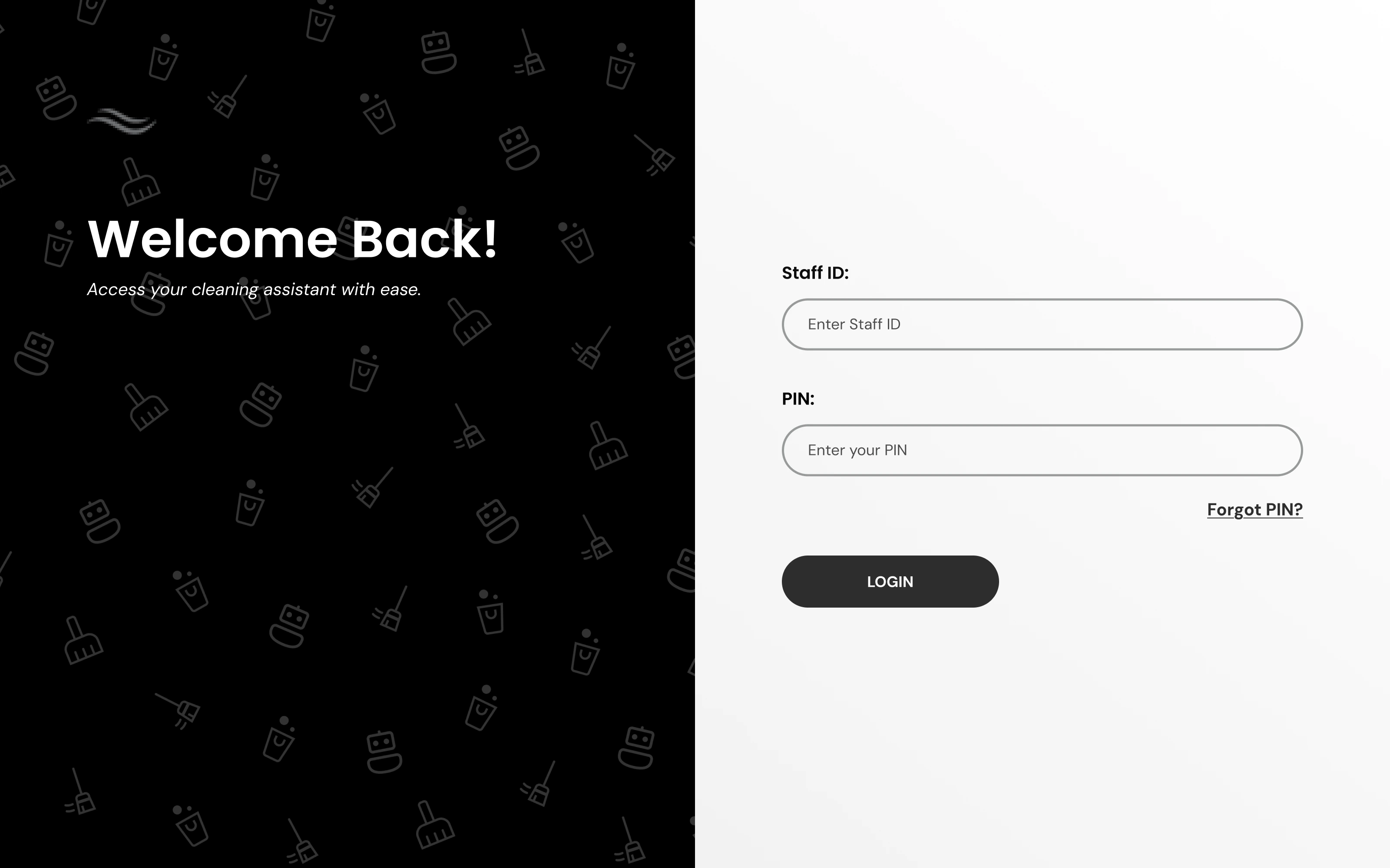 Login screen split between a patterned panel and a form taking a staff ID and a PIN