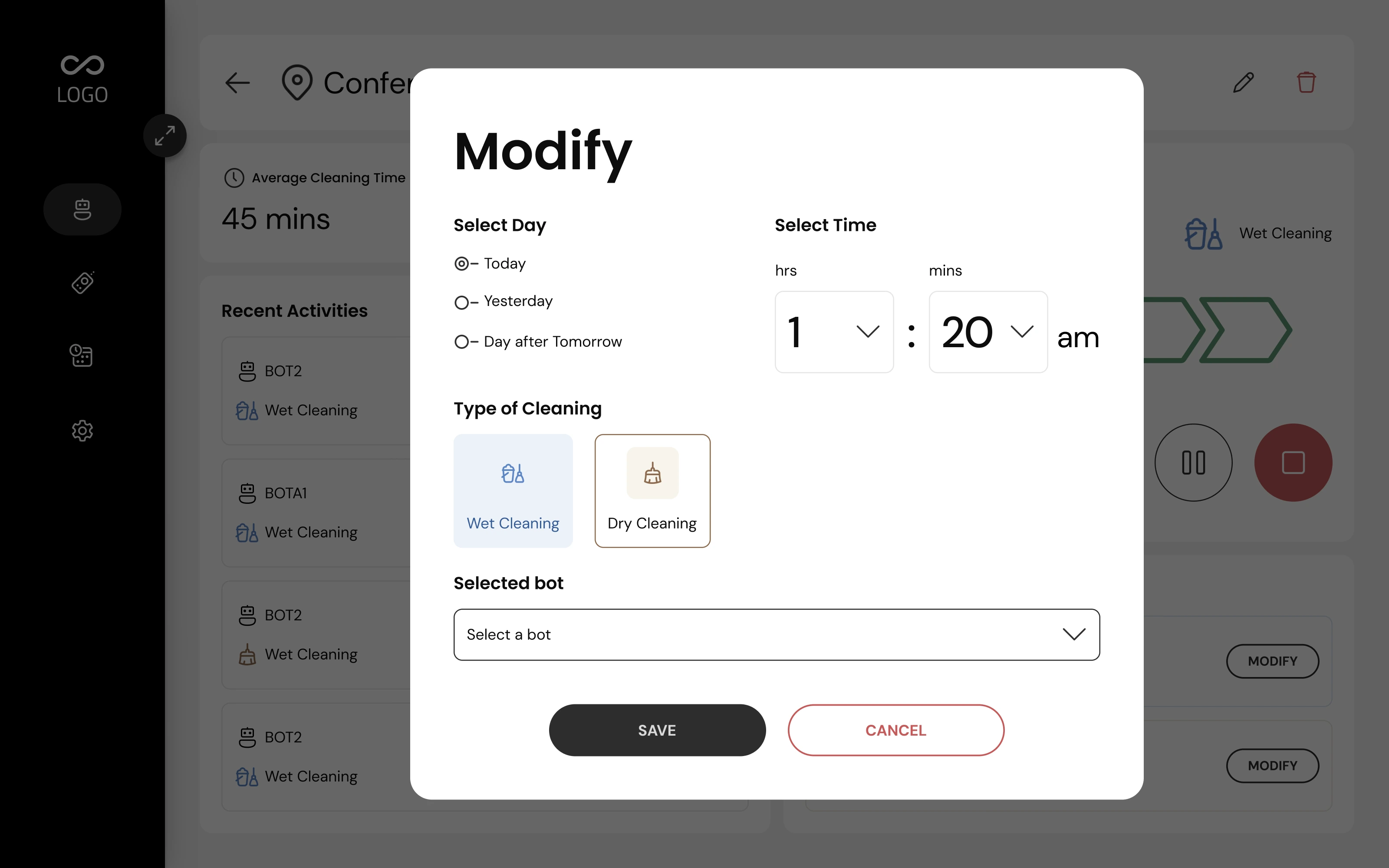 Scheduling dialog over the zone screen, with day, time, a wet or dry cleaning choice and a bot selector