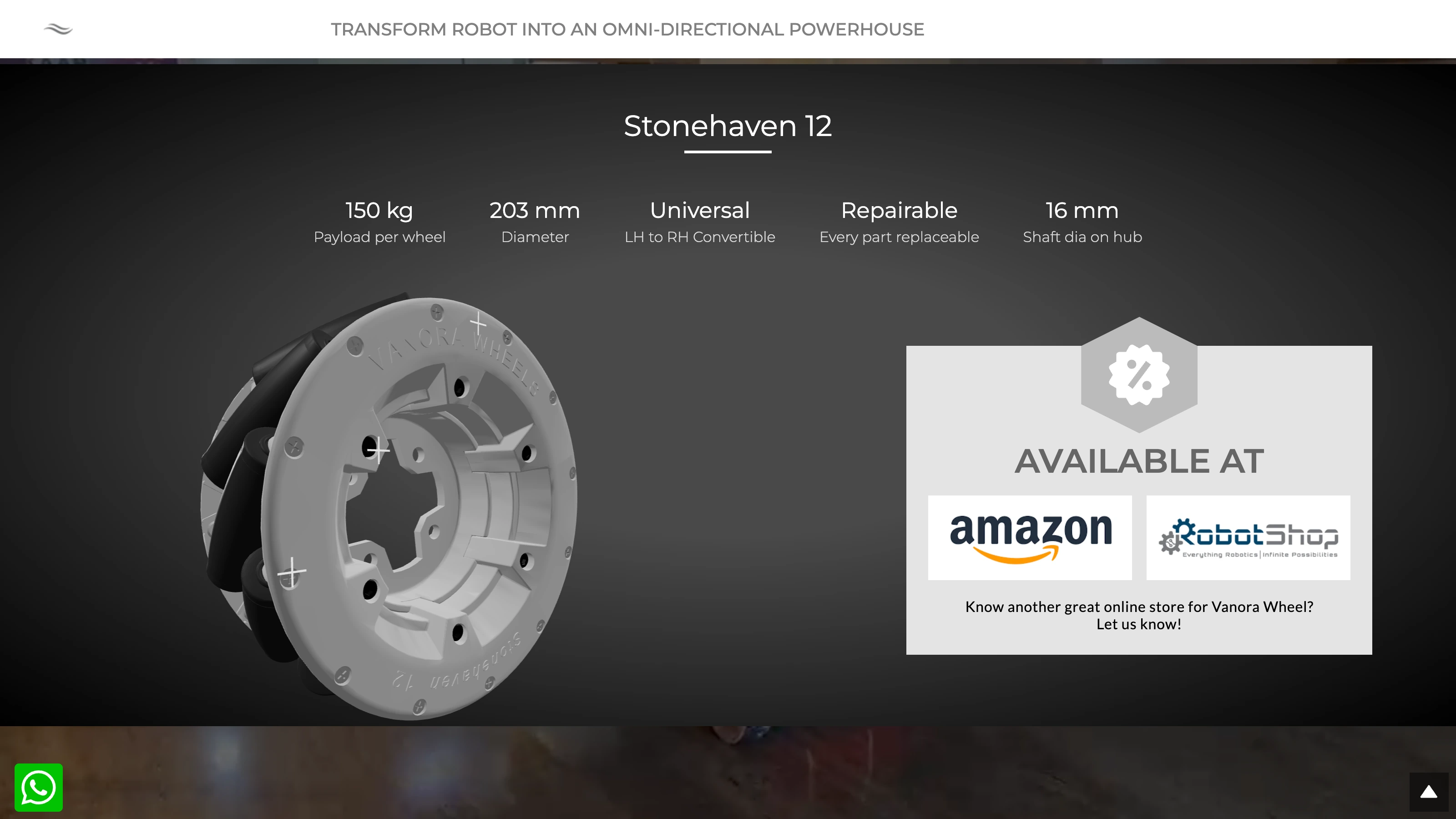 The Stonehaven 12 section, with payload, diameter, shaft size and repairability listed above a three dimensional render of the wheel, beside links to Amazon and RobotShop
