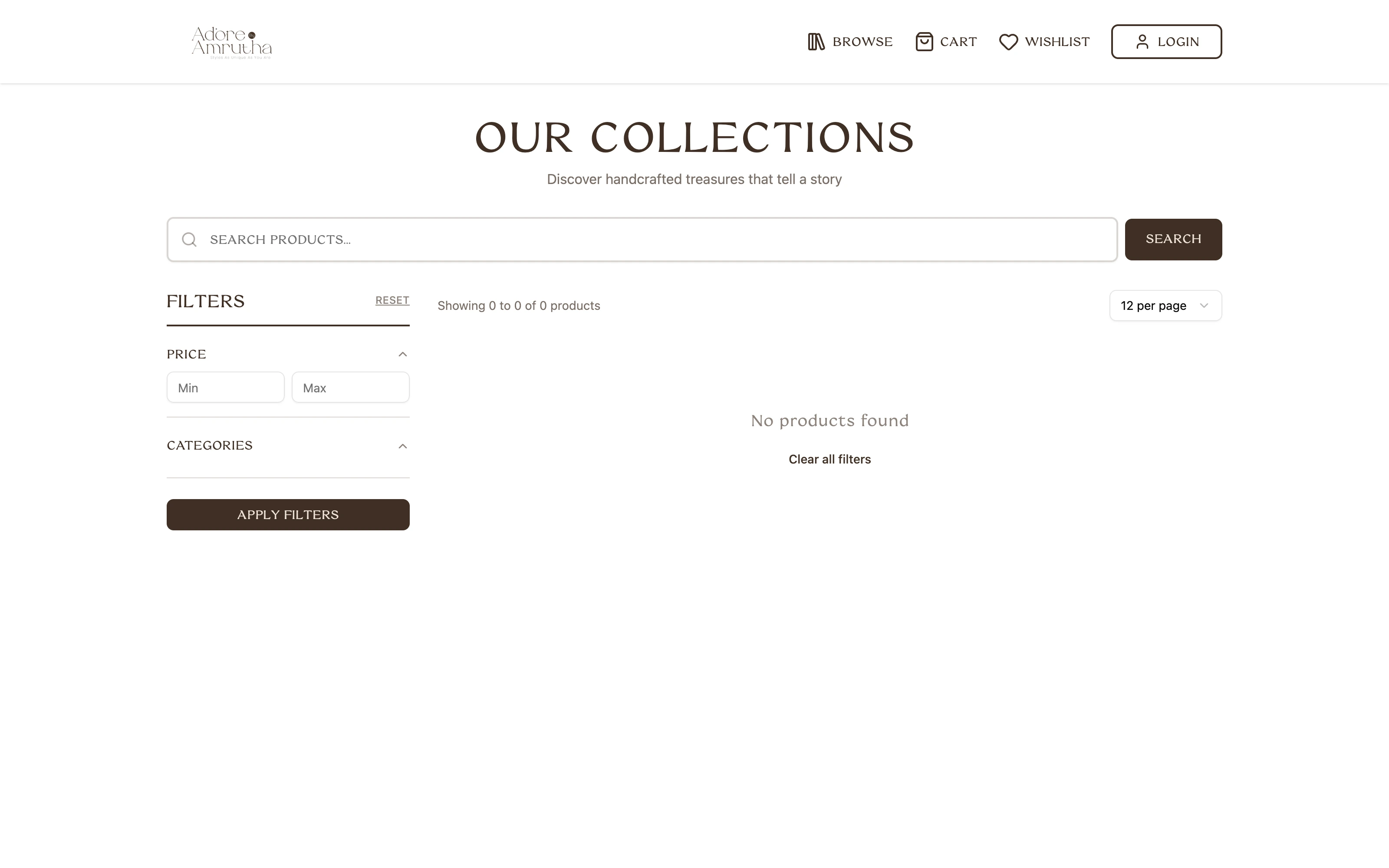 The collections page, with the catalogue browsable by category