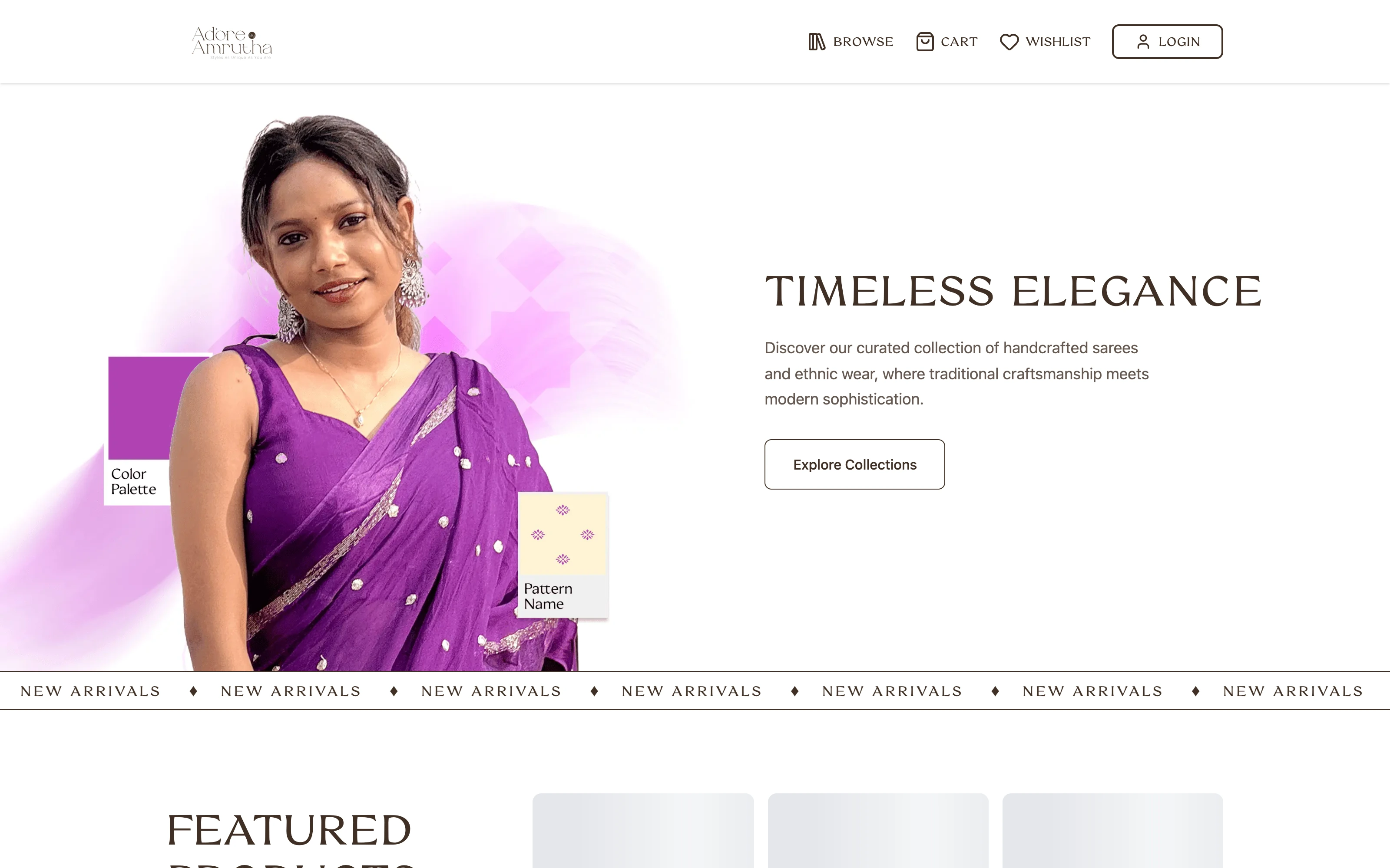 Adore by Amrutha homepage, with a saree photographed against the brand's purple and the line timeless elegance