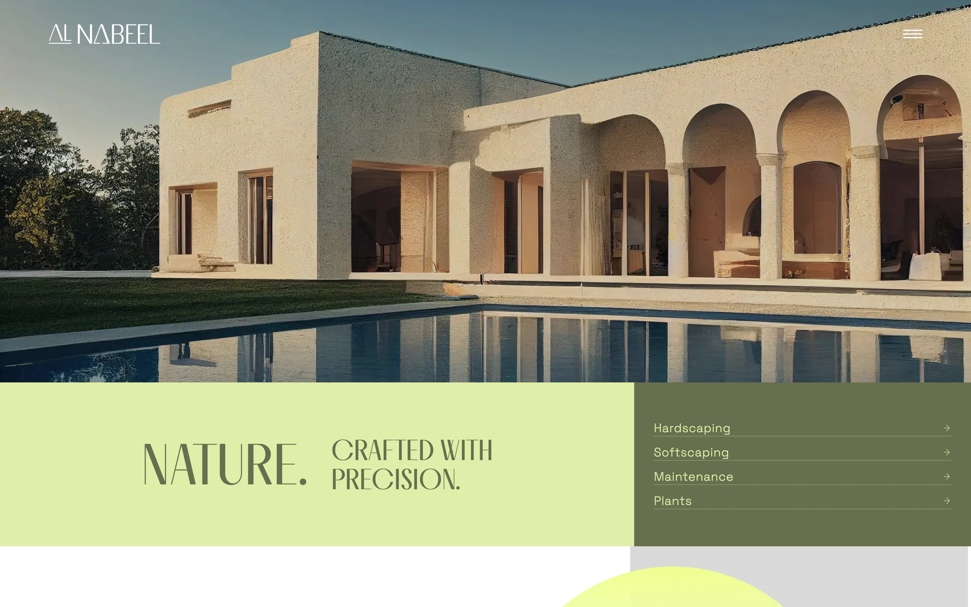 Alnabeel Landscaping homepage, with a villa and pool above the line nature crafted with precision, and the four services listed alongside