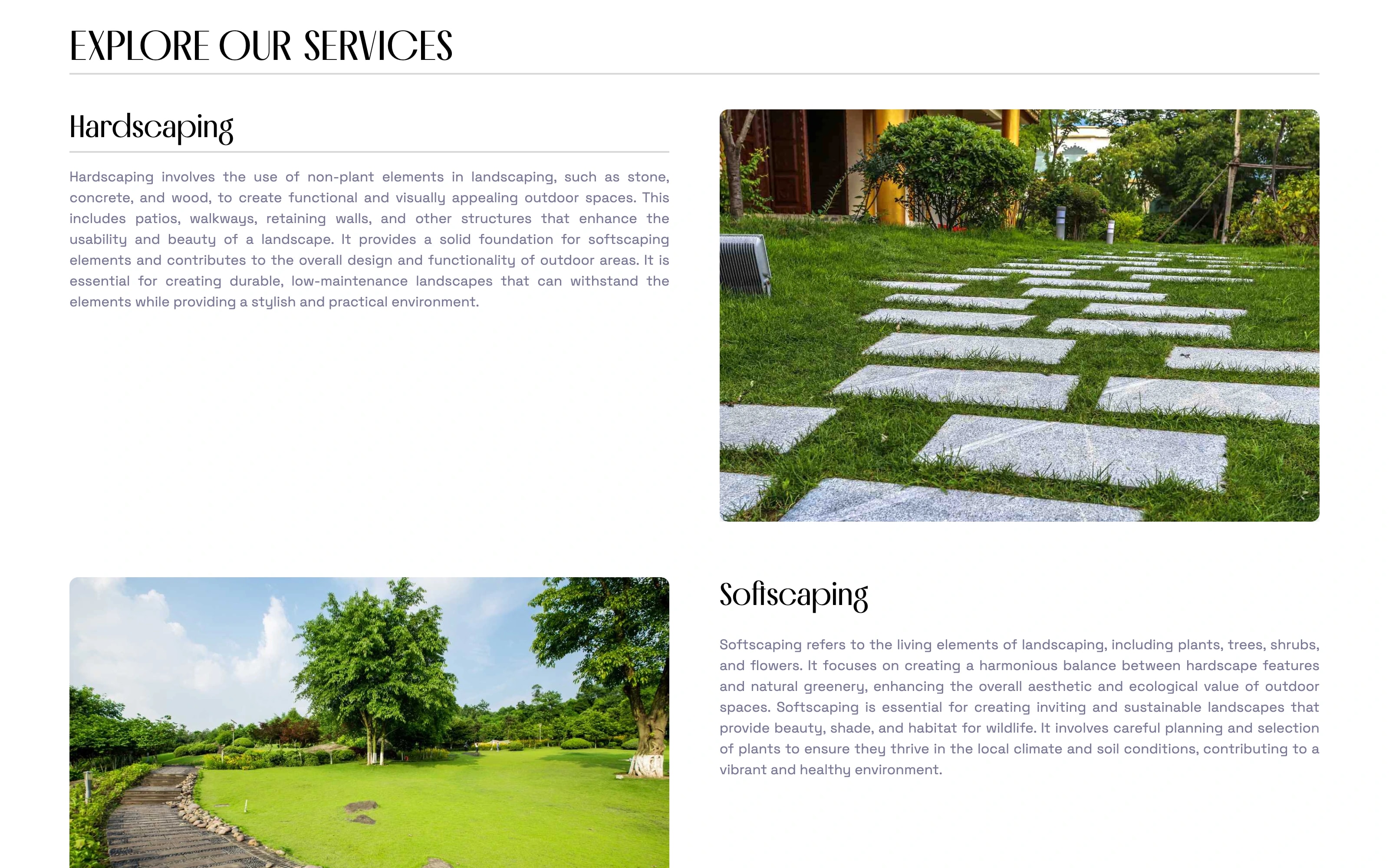 The services page, alternating each service's description with a photograph of that kind of work