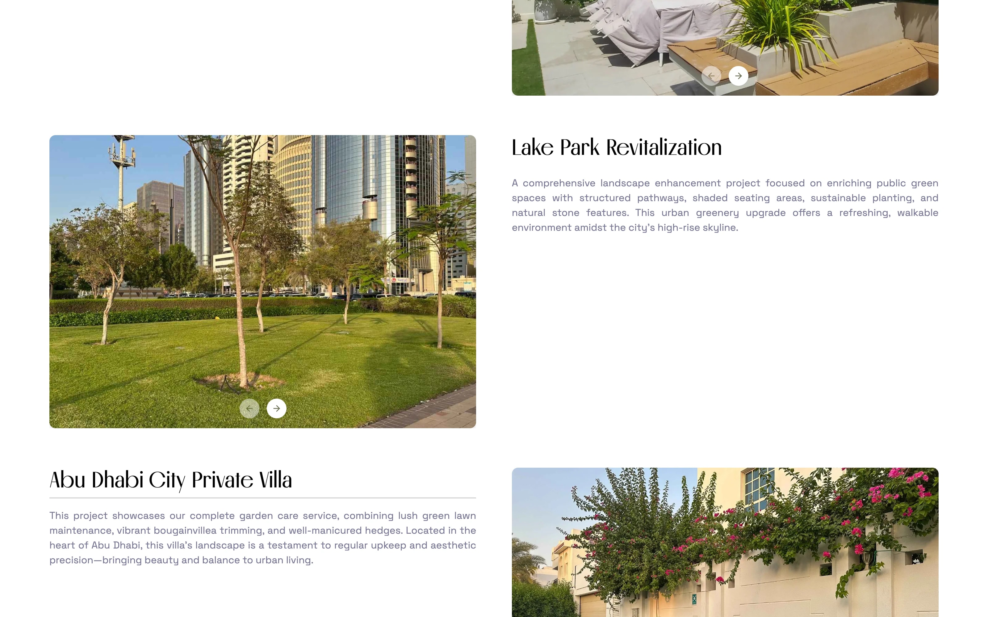 The works page, with completed projects each carrying a description and a gallery that steps through its photographs