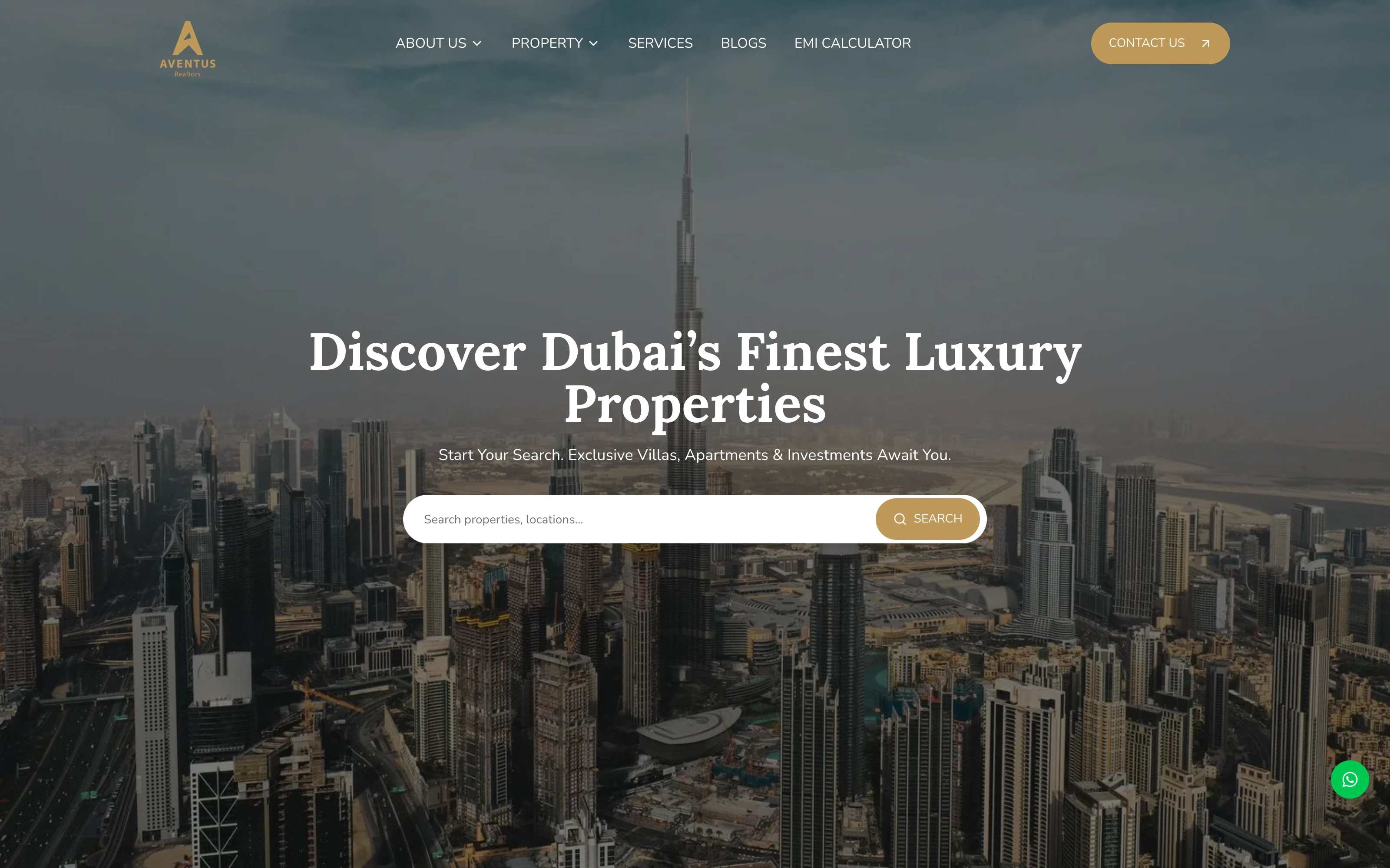Aventus Realtors homepage, with a property search over the Dubai skyline