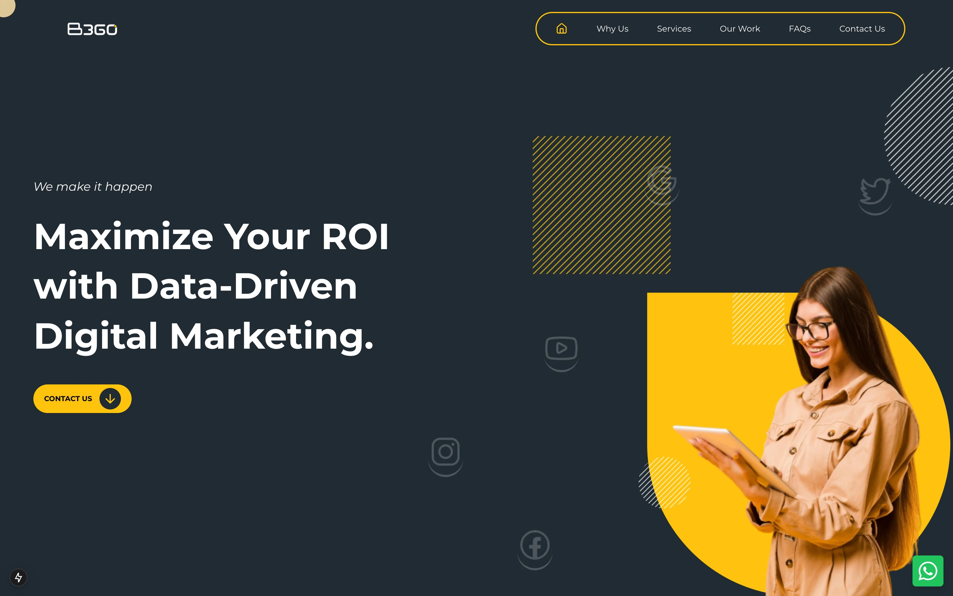 B360 homepage, with the headline about maximising return on investment through data driven marketing over a dark navy background