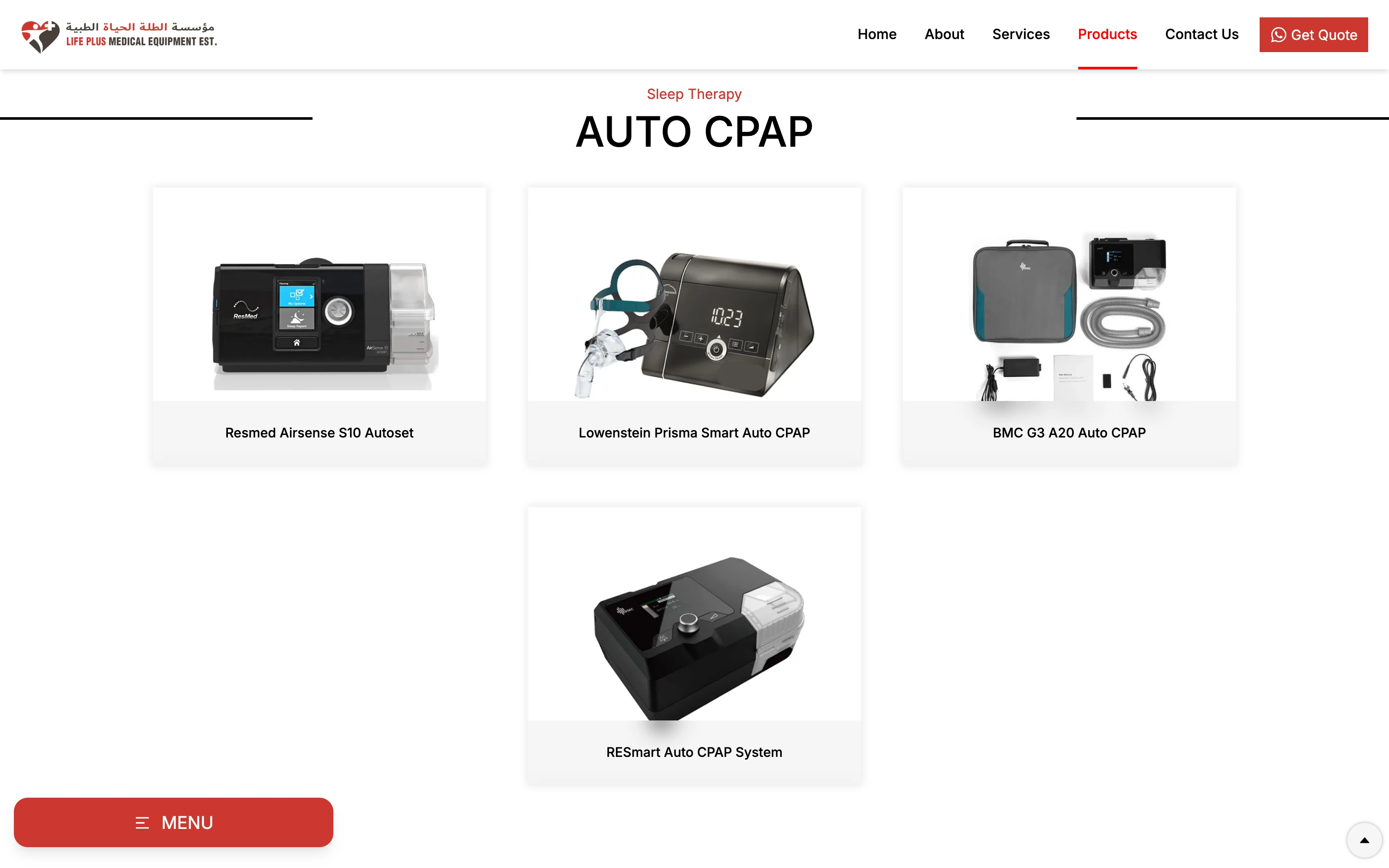 The catalogue, with Auto CPAP machines shown as cards under a Sleep Therapy heading
