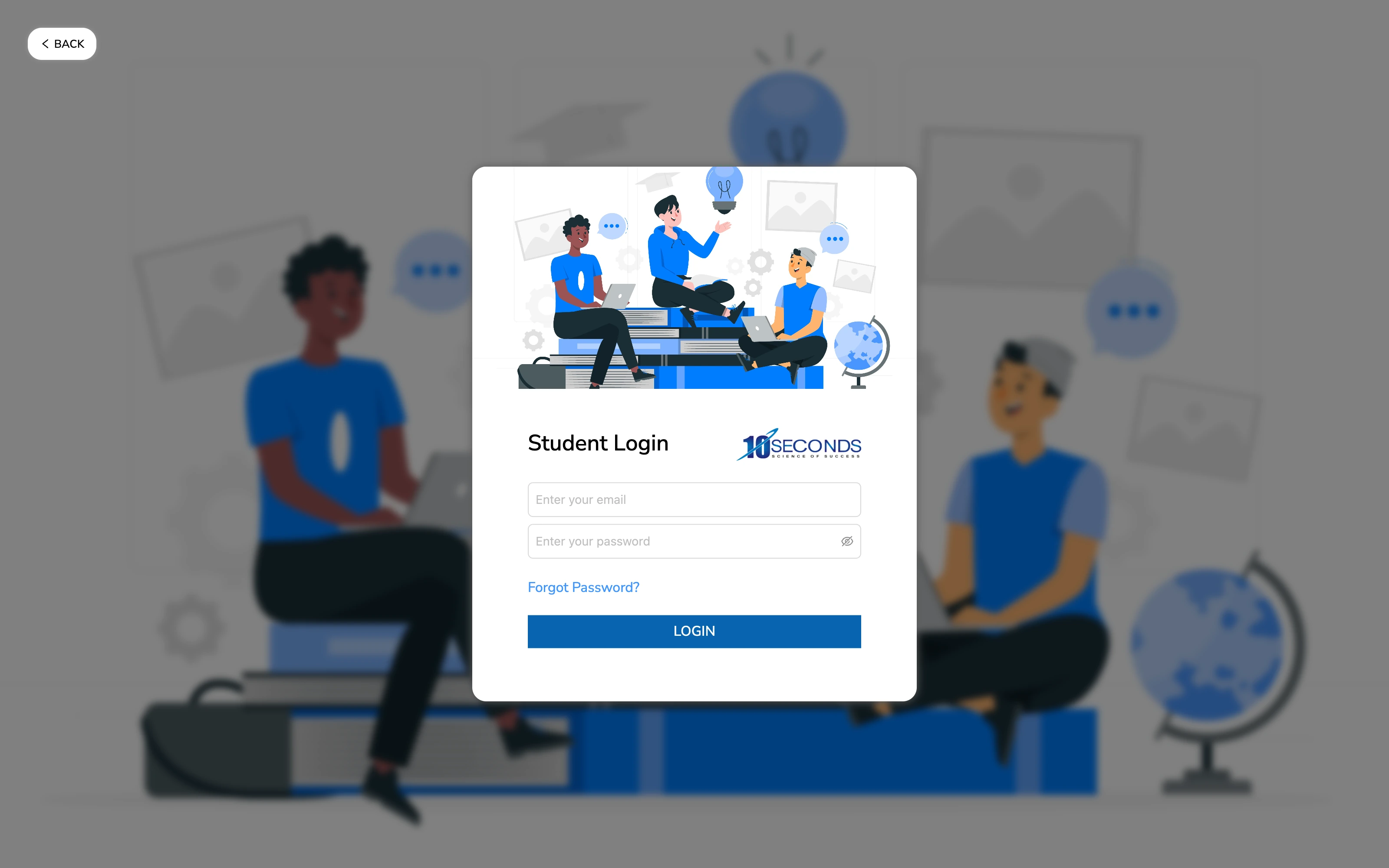 The 10Seconds student login, with the platform's illustration behind the sign in card