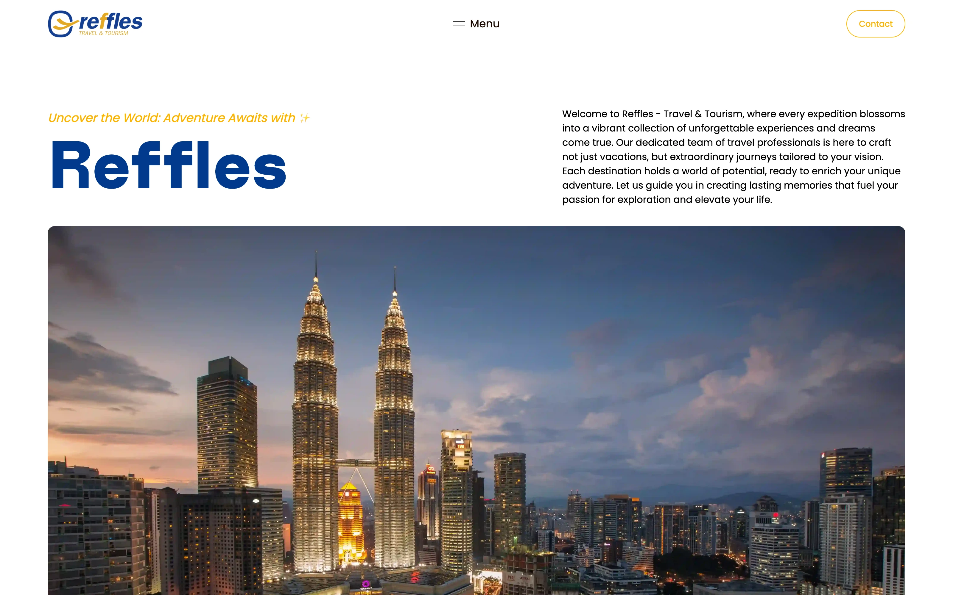Reffles homepage, with the company name beside an introduction and a Kuala Lumpur skyline below