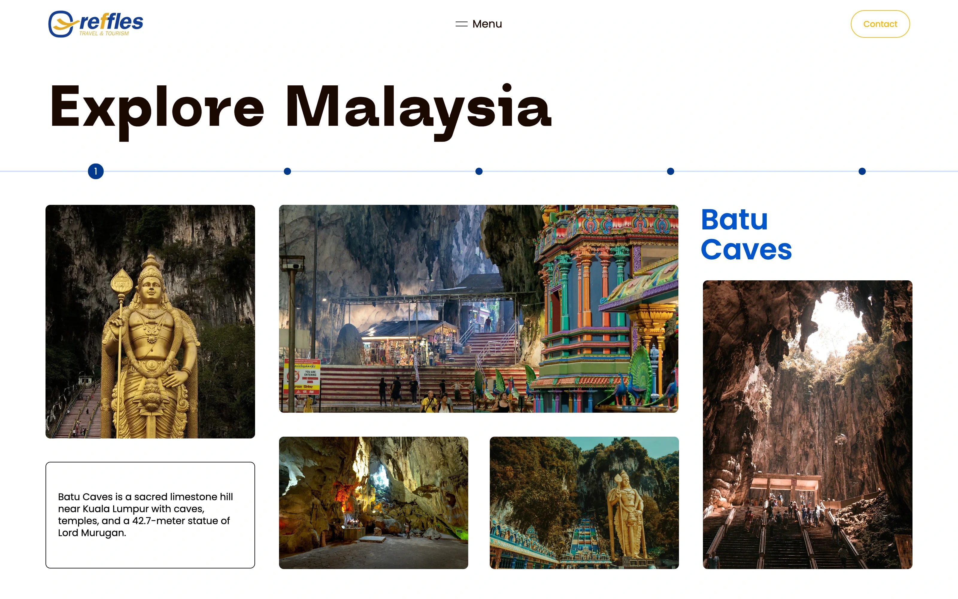 The Malaysia page, with destinations numbered along a line and Batu Caves shown as a collage with a short description
