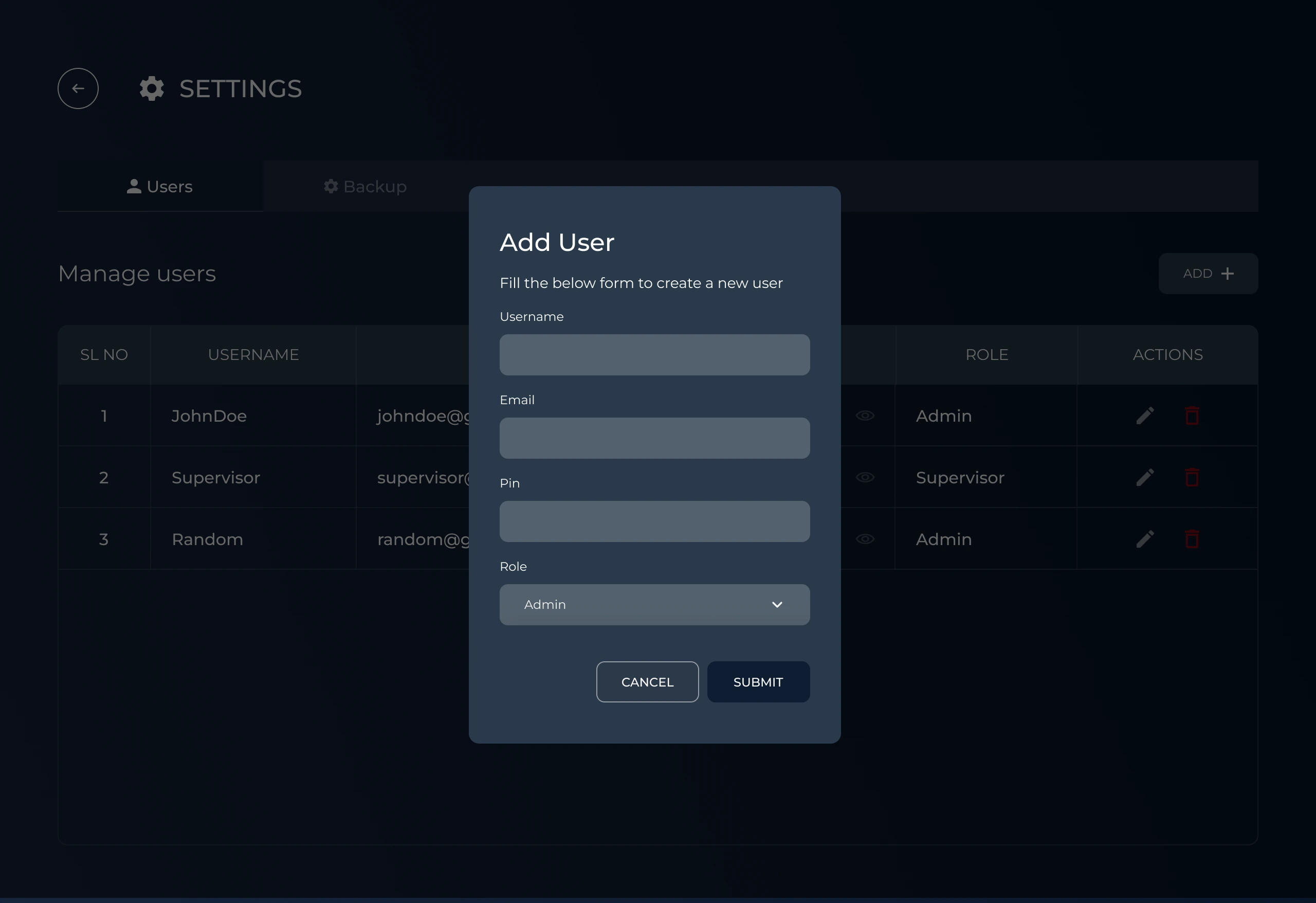 Add user dialog over the same table, with username, email, PIN and a role selector