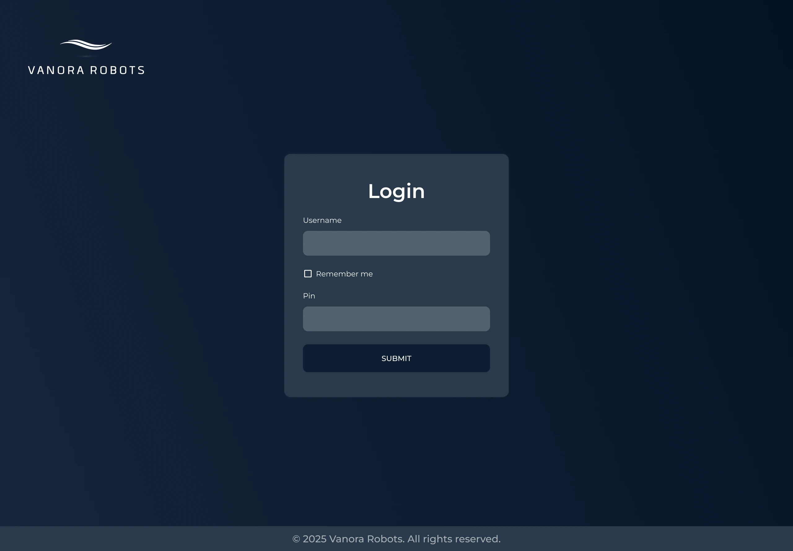Electricity Management System login screen, with username and PIN fields on the Vanora Robots dark navy background