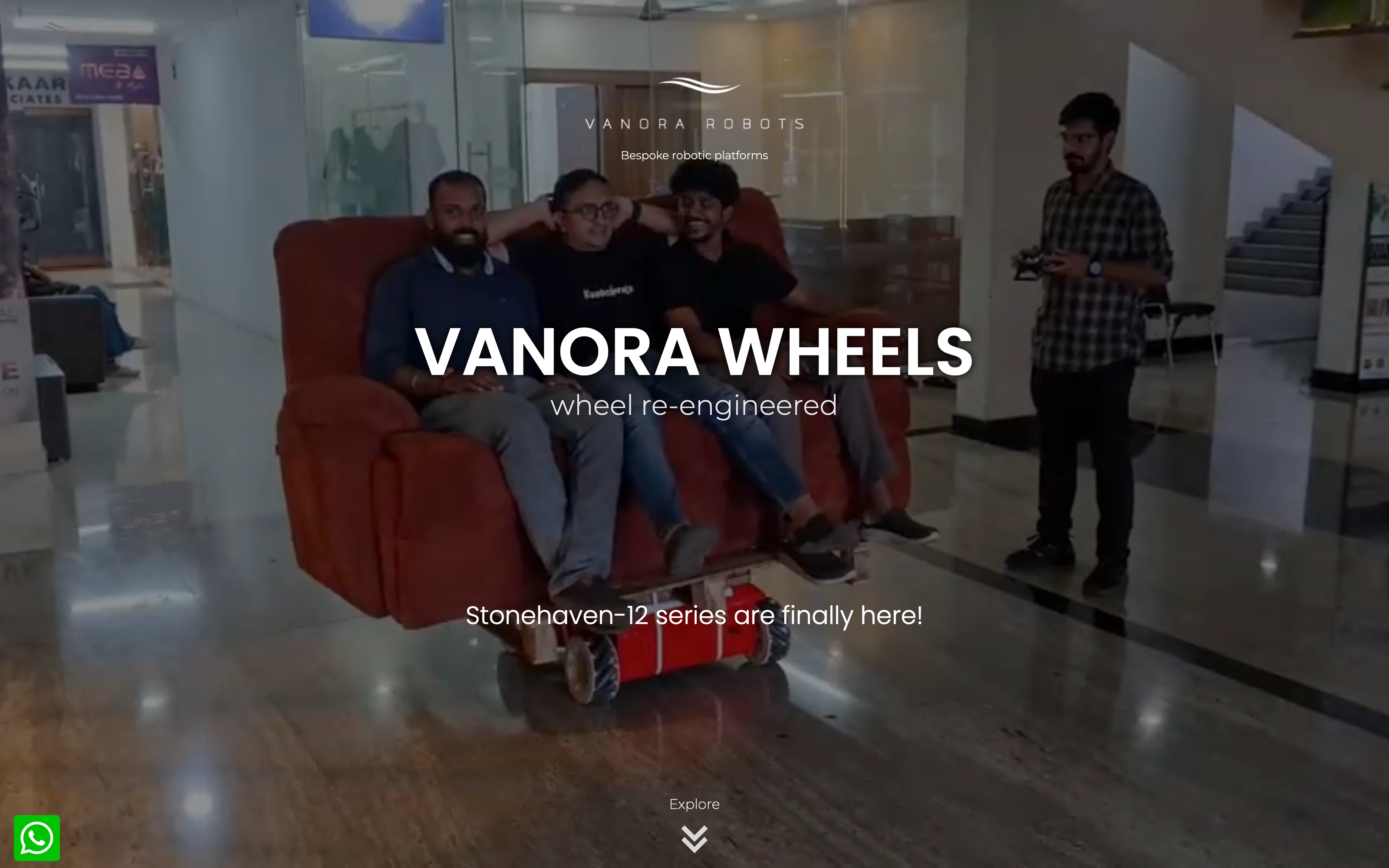 Vanora Robots homepage, with the Vanora Wheels title over a video of a loaded sofa being driven across a floor on a wheeled platform